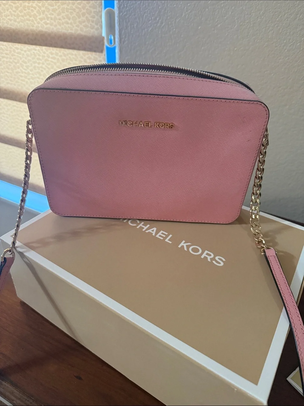 Michael Kors Pink Saffiano Crossbody with Gold Chain